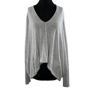 AM Gray Soft Knit Wool Cashmere Blend V-Neck Asymmetric Tunic Sweater One Size